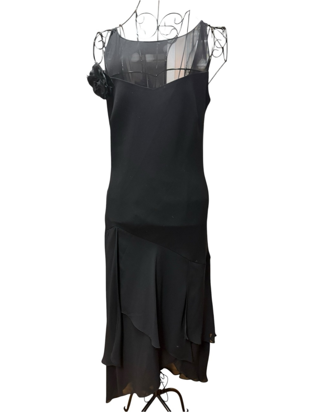 Evan Picone Black Sheer Yoke Midi Floral Accent Dress size 6